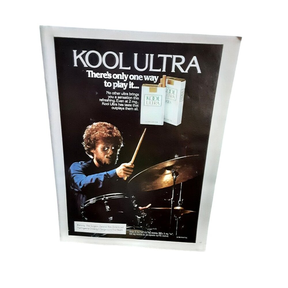 1982 Kool Ultra Cigarettes with Drummer Drums Original Print Ad vintage 80s